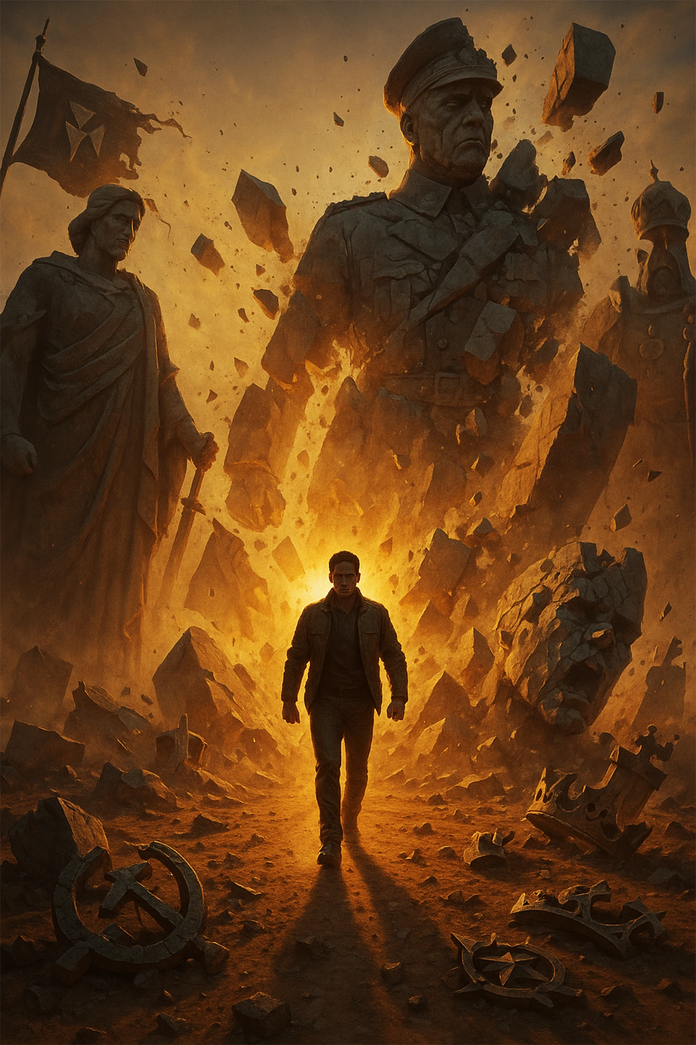 Illustration of a lone individual standing on a peak at sunrise, symbolizing self reliance, personal agency, and independence without relying on leaders or heroes.