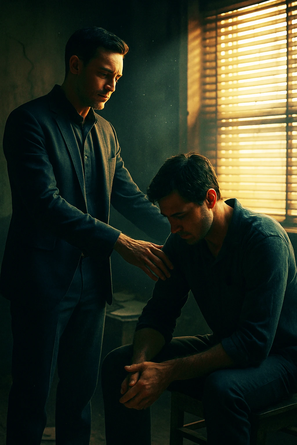 A strong man will Judge another with care in a dimly lit room, showing guidance and support