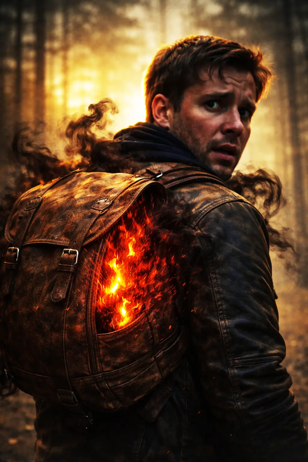Man walking in a dark environment carrying a burning backpack symbolizing hidden demons and emotional burdens.