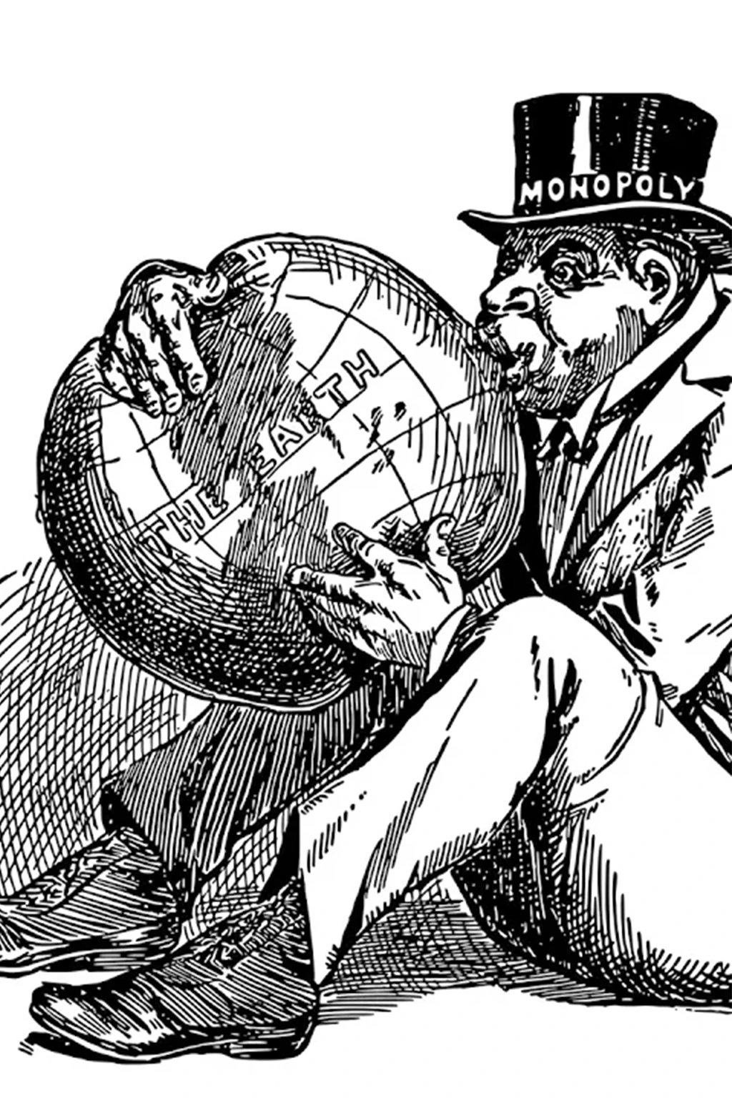 Black and white illustration of a banker greedily embracing and kissing the globe while hiding in a corner, symbolizing the erosion of integrity through selfish control and ethical decay in society.
