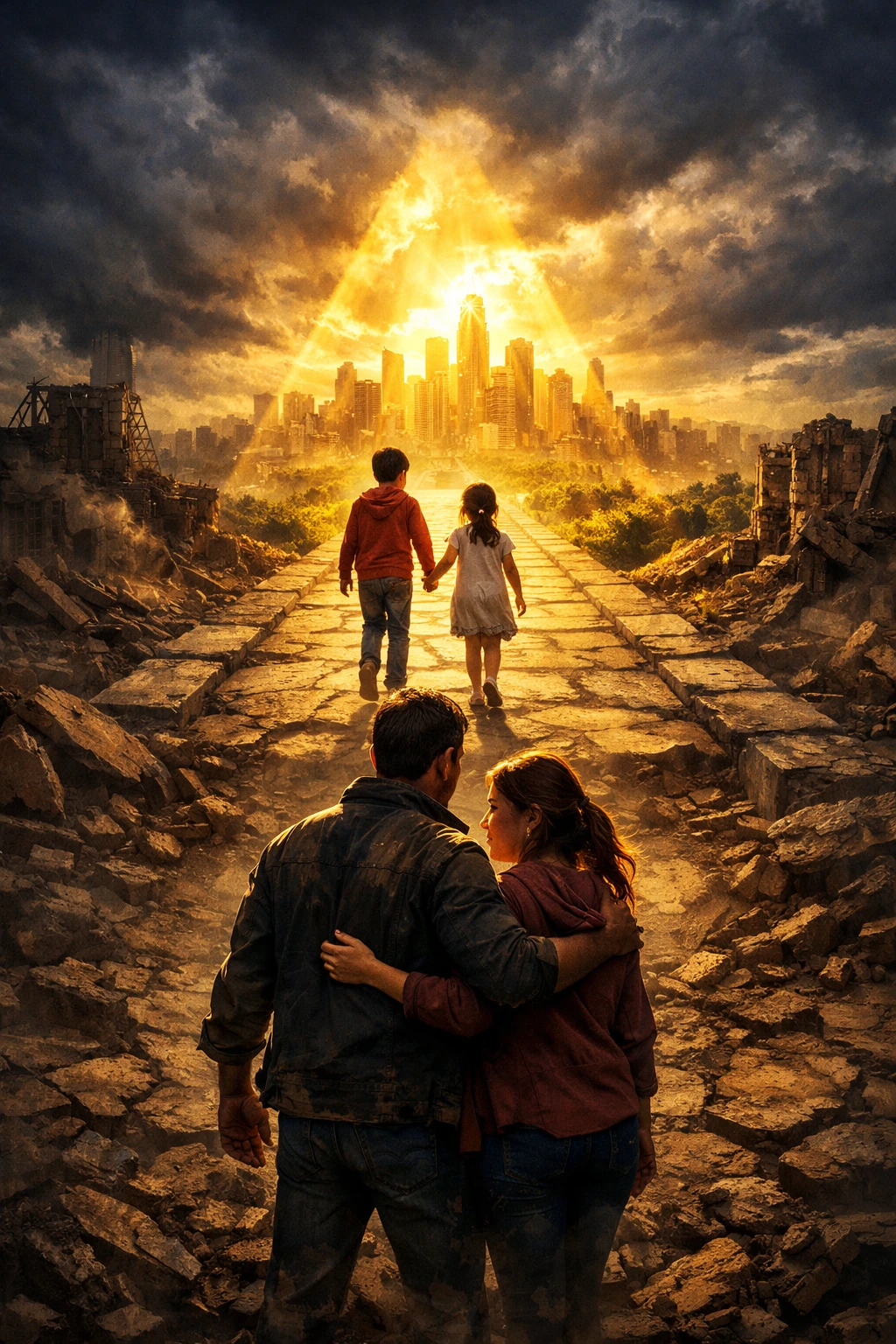 Father and mother guiding their children from a broken past toward a bright future, symbolizing responsibility, integrity, and strong family foundations